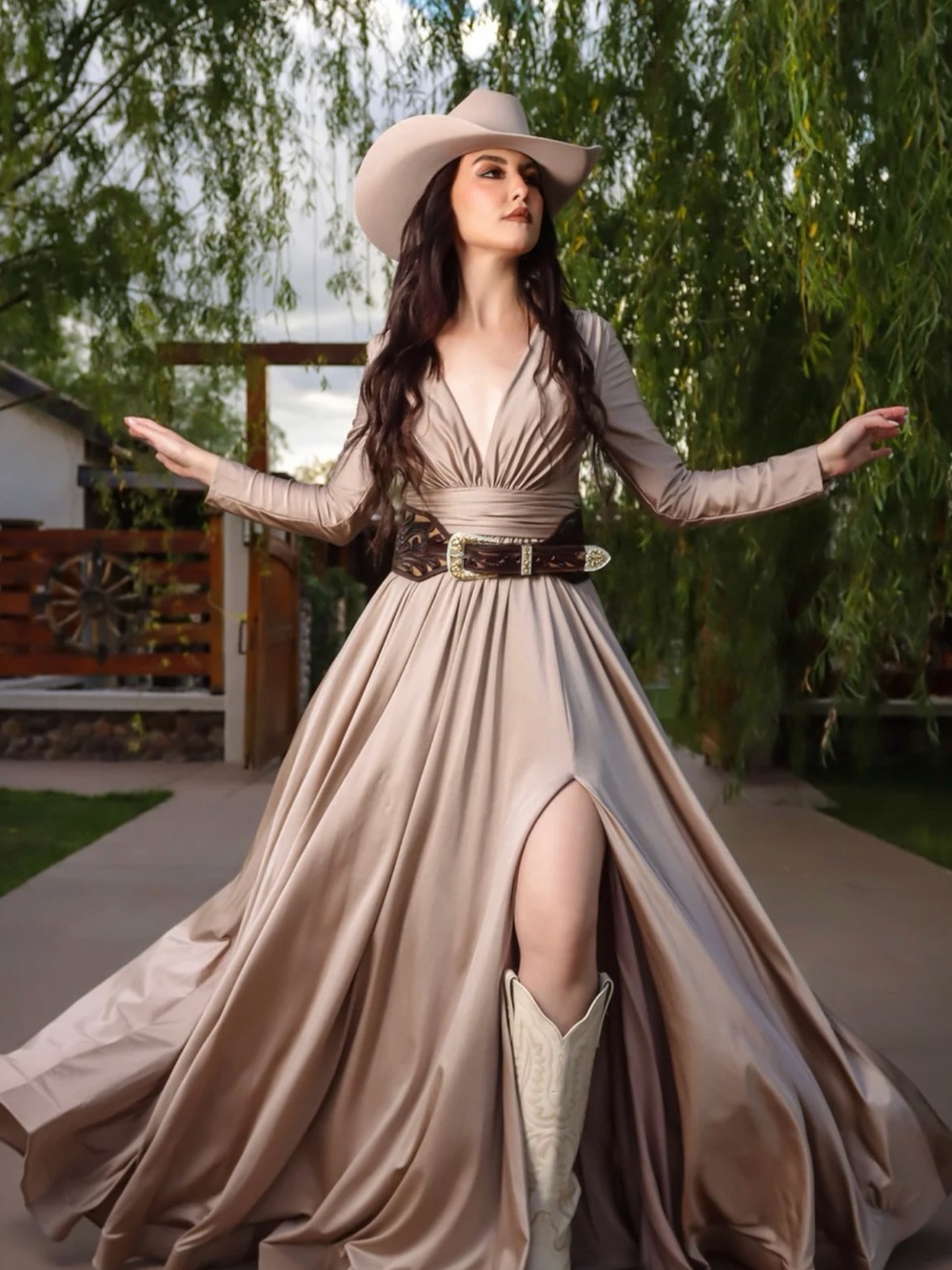 Country Chic Taupe Maxi Dress with Deep V and High Slit